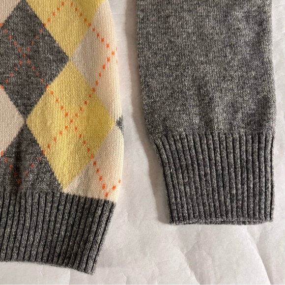 J. Crew Cashmere Argyle V-Neck Long Sleeve Sweater Medium Grey/Yellow/White - Picture 7 of 9